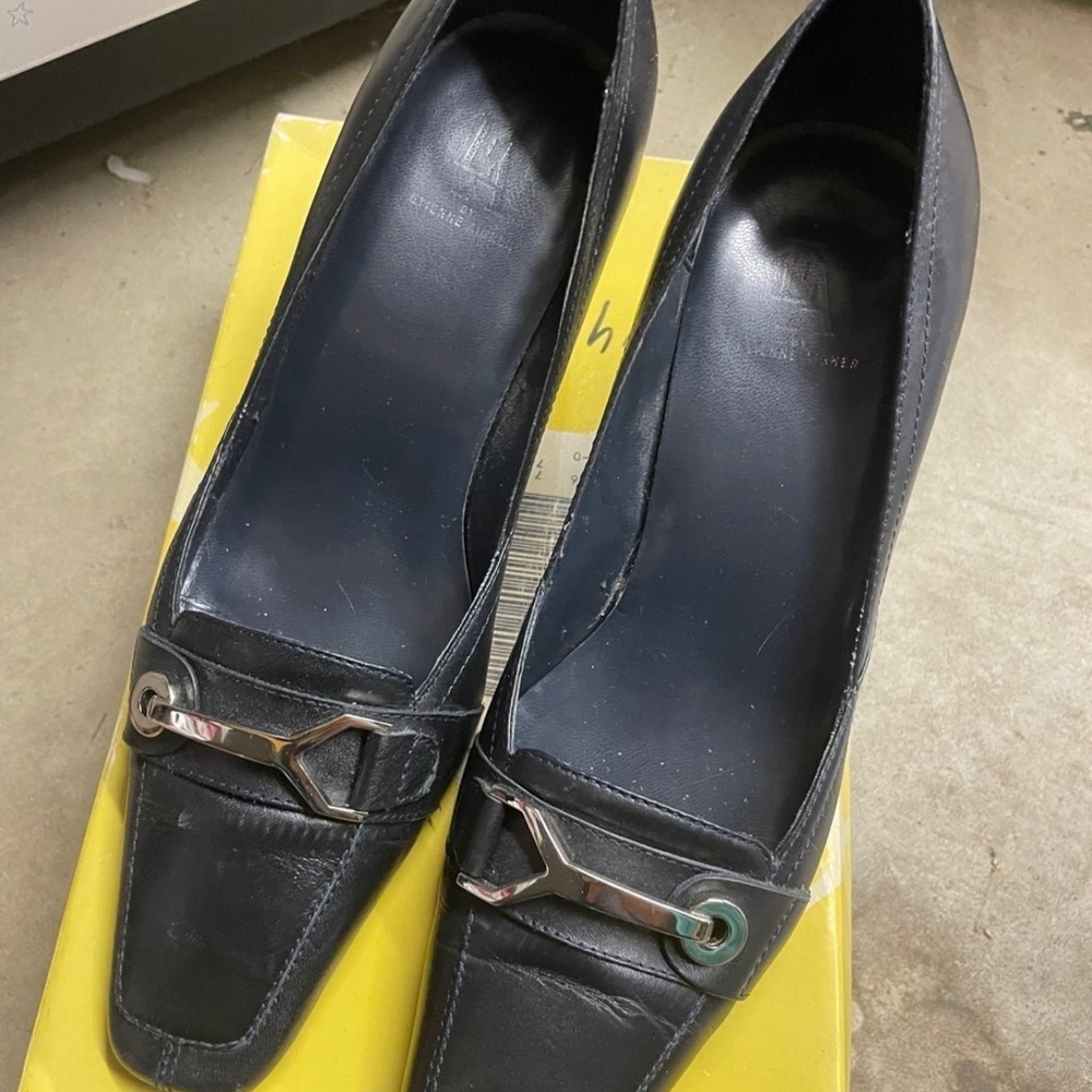 Etienne Aigner Navy Leather Heels with Silver Accent